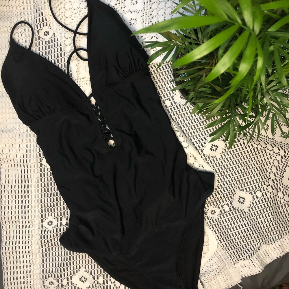 laced up black one piece bathing suit